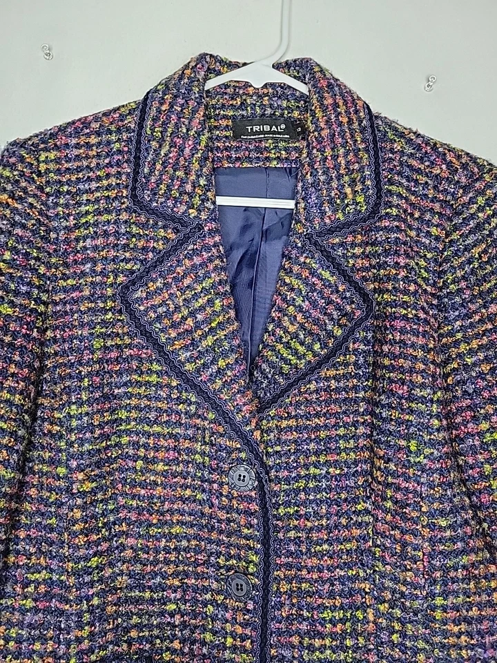 Vtg Tribal Wool Blend Colorful Long Sleeve Tweed Button Up Blazer Women's 12 - Image 3 of 4
