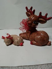 Vintage LARGE Ceramic Resting Reindeer & Baby 1986 Kimble Mold  Hand Painted