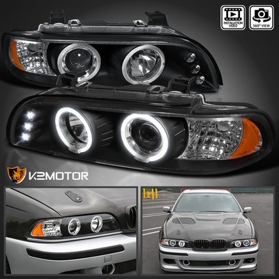 Fits 1996-2003 BMW E39 525i 530i Black LED Halo Projector Headlights Lamps 96-03
