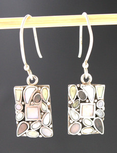 Vintage Artisan Crafted Sterling Silver Multicolor Shell Inlays Dangle Earrings