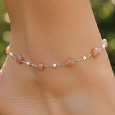 Boho Pearl & Topaz Beaded Anklet Silver Tone Minimalist Chain Anklet for Women
