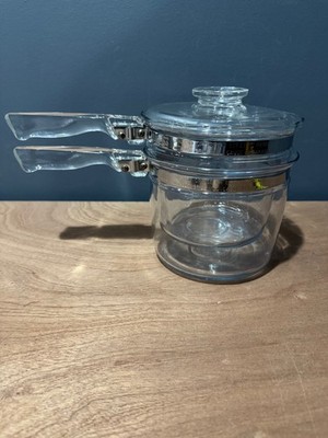 VTG FLAMEWARE PYREX GLASS DOUBLE BOILER 1.5 Qt #6283 Complete 3 Piece Set 