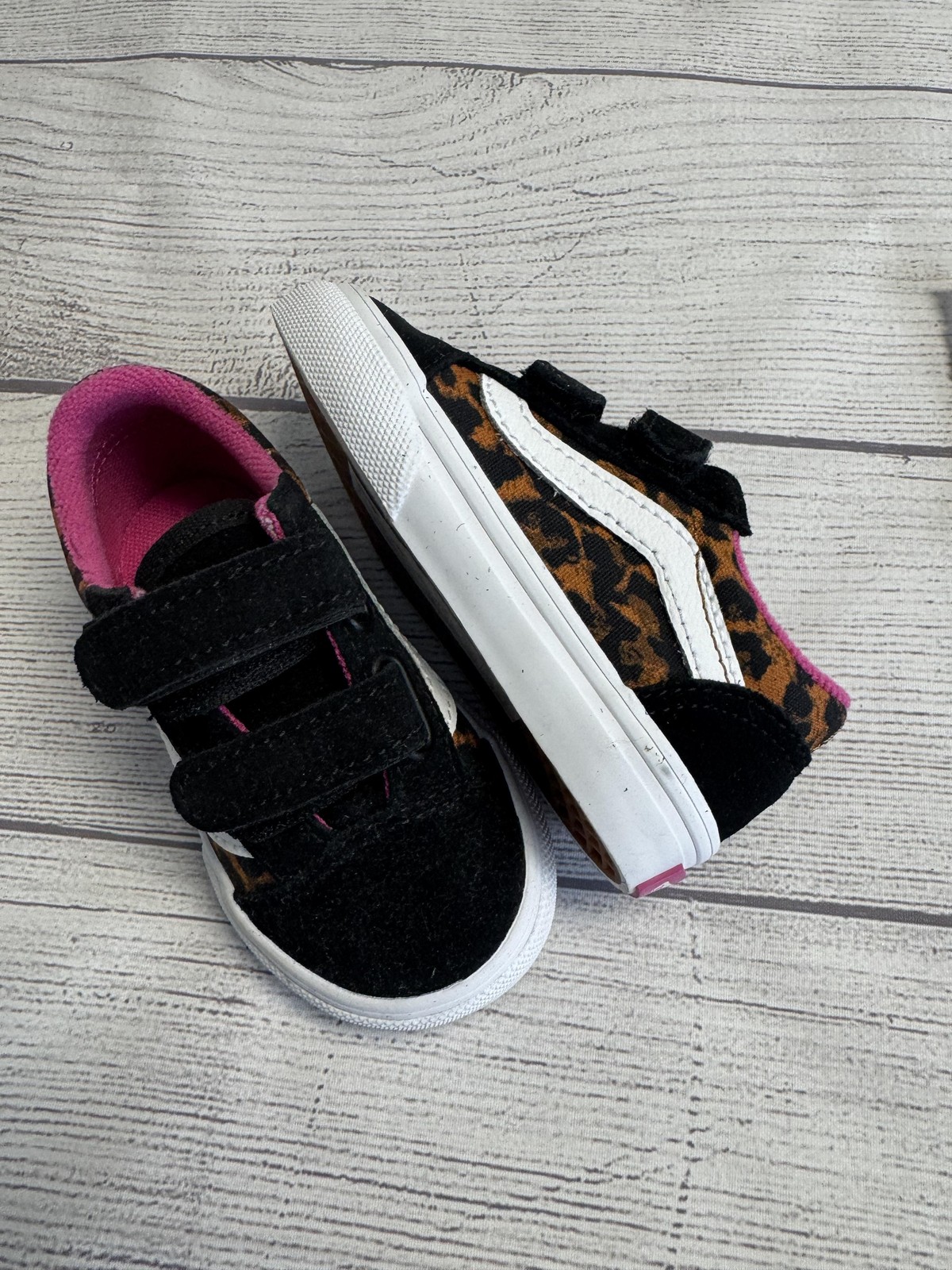 Vans Shoes Girls 5 Toddler Black Leopard Suede Strap Sneaker Skate Low Top