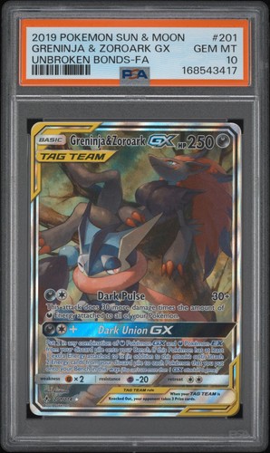 2019 POKEMON SUN & MOON UNBROKEN BONDS FULL ART/GRENINJA & ZOROARK GX PSA 10
