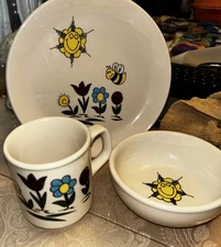 RARE Homer Laughlin China Co - 3 PIECE DISH SET W/Cute bees,flowers,Smiling Sun