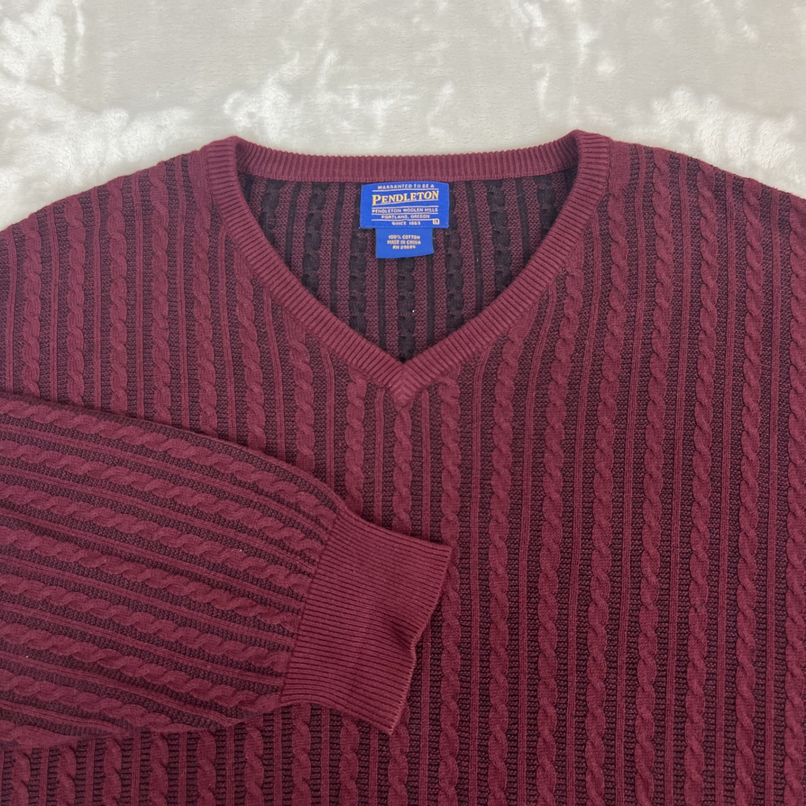 Pendleton Sweater Mens Large Maroon Cable Knit V … - image 1