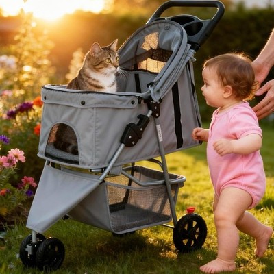 Sweetcrispy 3 Wheels Pet Stroller for Small Dogs and Cats & Foldable Dog S