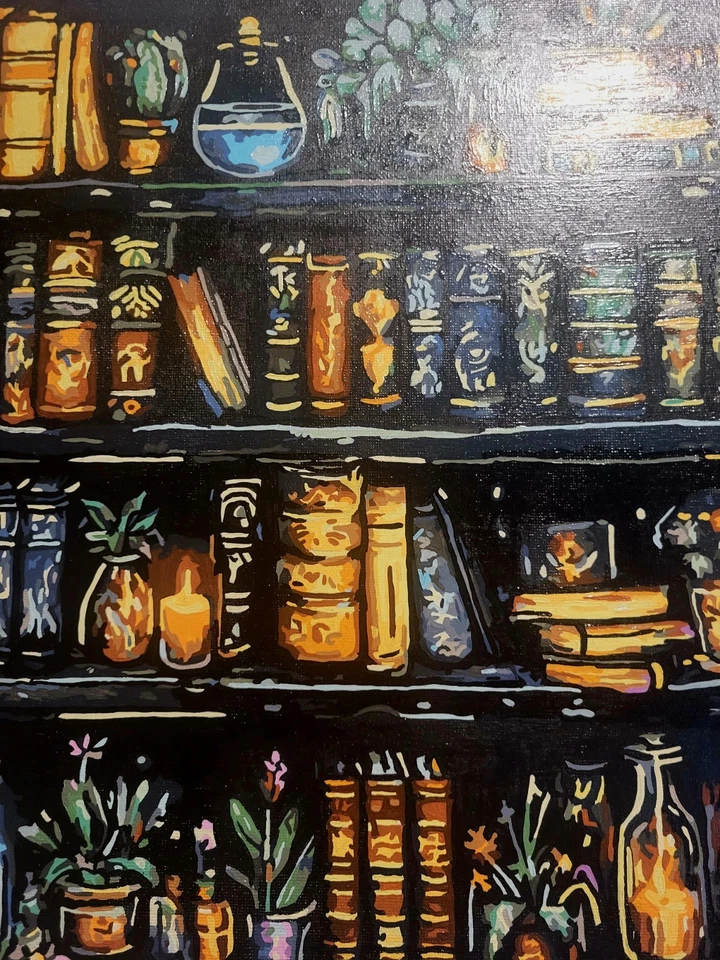 Pintura completa y enmarcada 12x16 por números "Librería embrujada" con comadreja Foto 3 de 4