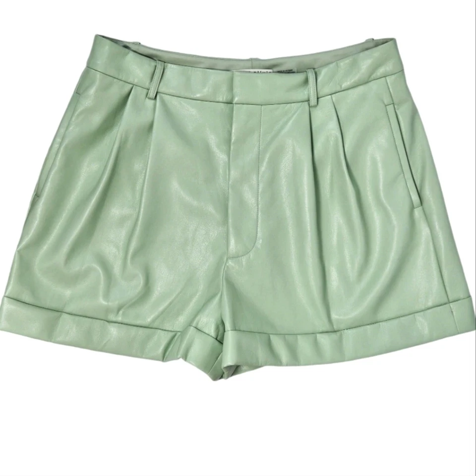 Alice + Olivia Conry 皮革打褶短裤鼠尾草绿色袖口尺寸 US 12 全新 — 第 4/4 张图片