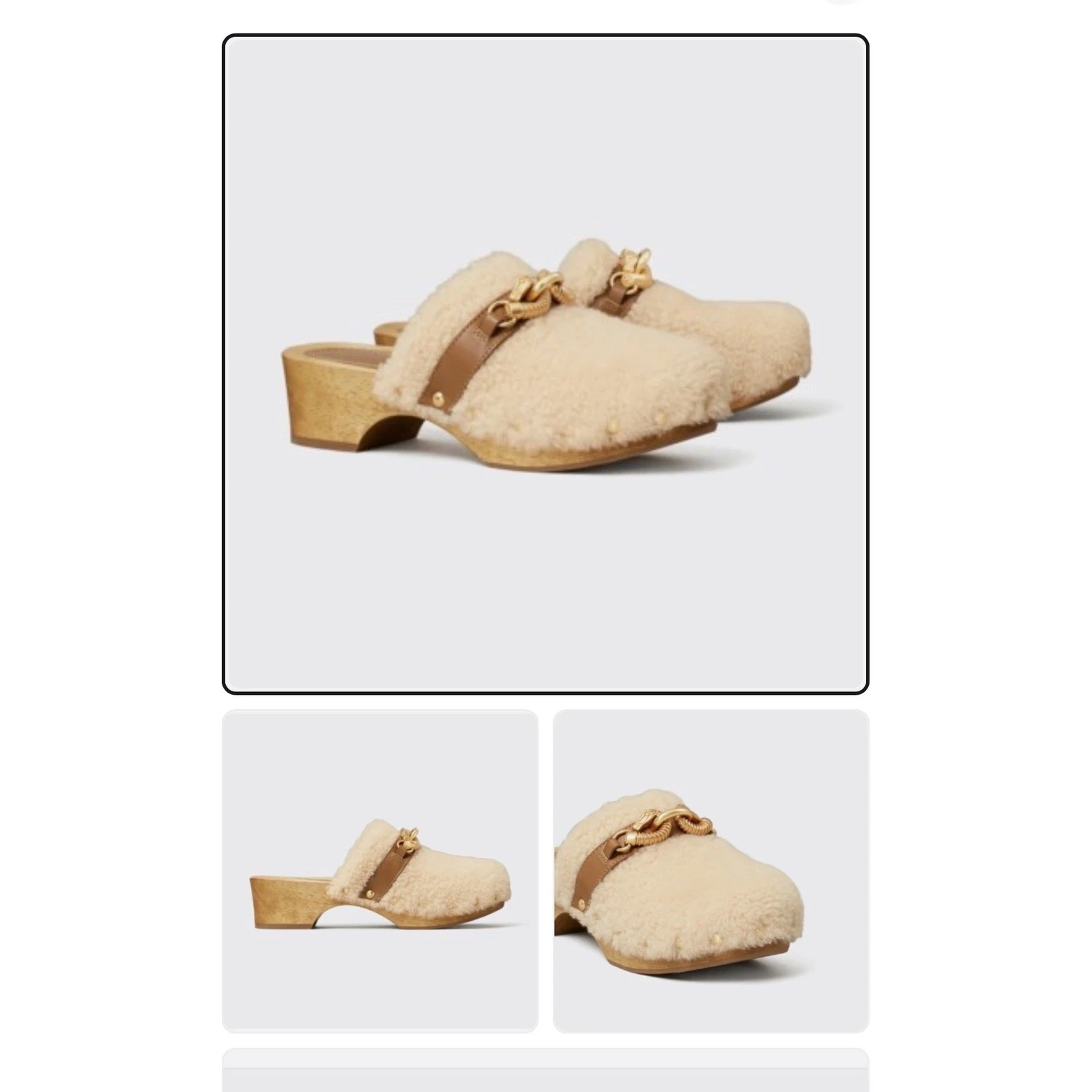 Tory Burch Clogs Womens 9 Cream Jessa Shearling Horsehead Gold Wood Mules