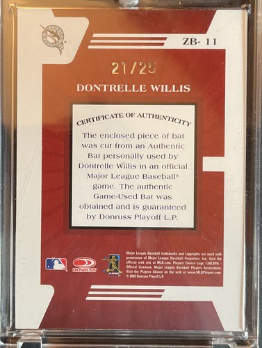 DONTRELLE WILLIS 2005 DONRUSS ZENITH GAME USED BAT AUTO #\25 MARLINS!! - Picture 2 of 2