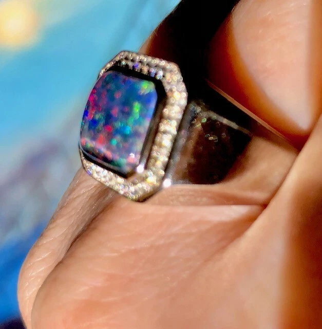 ¡BONITO! Anillo Sólido Pesado Para Hombre Esterlina Ópalo Negro Colorido Fuego 10 T U tiene VIDEO Foto 4 de 4