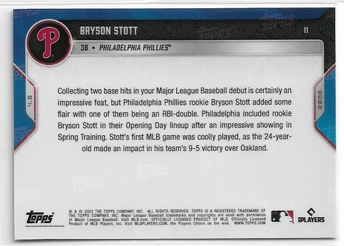 2022 Topps Now Bryson Stott Rookie #11 EN MANO juego multi-hit en debut PR: 1.844 - Imagen 2 de 2
