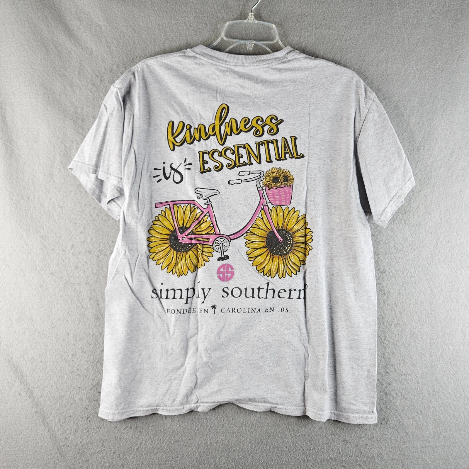 Simply Southern Shirt Adult Large Gray Bicycle Kindness is Essential Sunflower