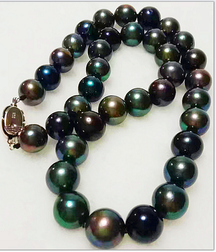 HUGE 18"12-14MM SOUTH SEA tAHITIAN GENUINE BLACK PEACOCK ROUND PEARL NECKLACE - Picture 2 of 2
