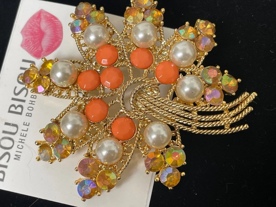 Broche vintage de diamantes de imitación de oro citrino perla BISOU BISOU MICHELE BOHBOT de 2,5” NUEVO EN STOCK Foto 2 de 4