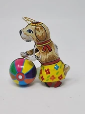 5 - ZZ Germany Charming All-Metal Tin Toy Dog with Ball Ornament Vintage