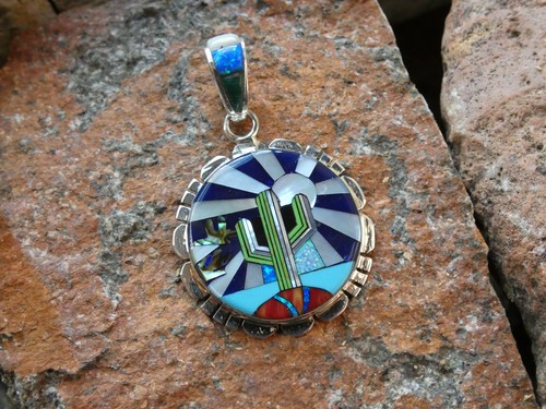 Lapis Sunset Sky Saguaro Cactus Micro Inlay Sterling Silver 925 Pendant AO43 - Picture 6 of 9