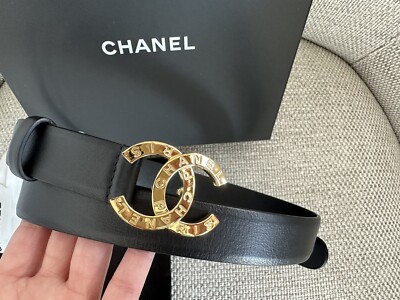 NIB 100%Authentic CHANEL 22V Black Leather Belt Classic Gold