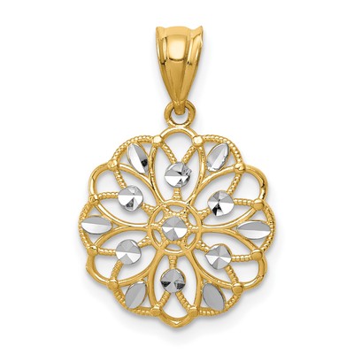 Avariah massiver 14K Gelbgold mit Rhodium diamantgeschliffener runder Anhänger - 17 mm