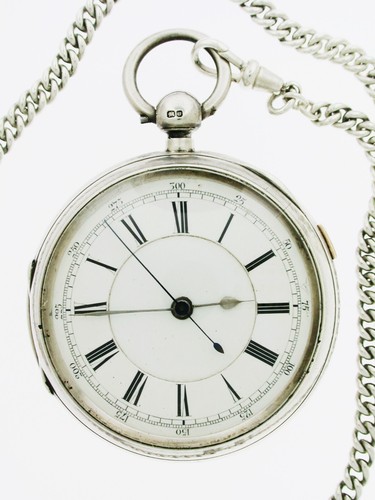 Silver Key Wound Chronograph Pocket Watch and Albert Chain - Chester 1896 - Picture 3 of 7