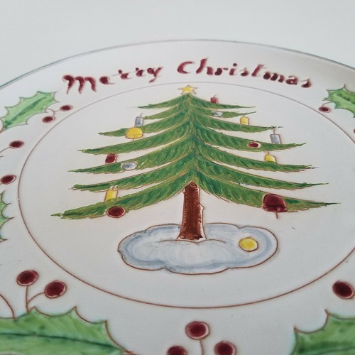 Made in ITALY Froher Weihnachtsbaum & Stechpalme 11" runder Teller Platte handbemalt - Bild 2 von 4