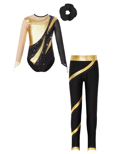 Kids Girls Set Gymnastics Leotard Contrast Outfit Headband Pants Sheer Hoodie - Picture 8 of 62