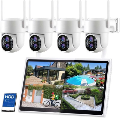 Wireless Security Camera System Outdoor with 10'' Monitor 2K Dual Lens 10x Zoom~