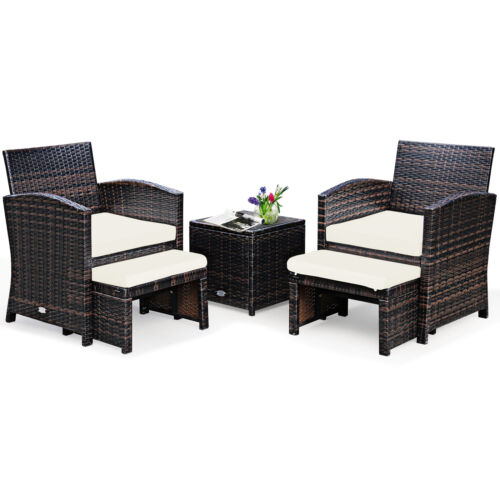 5PCS Rattan Patio Furniture Set Chair & Ottoman Set w/ White Cushions