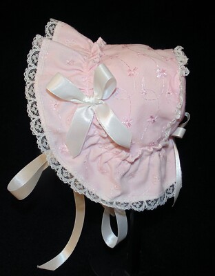 Pink Eyelet with Extended Back Victorian Style Baby or Doll Bonnet