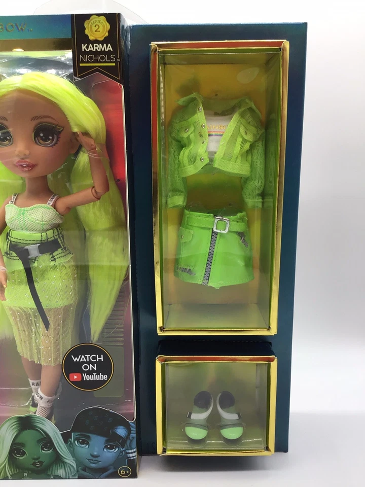 Muñeca de moda Rainbow High Karma Nicolas verde neón serie 2 sellada nueva en caja Foto 3 de 4