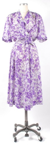 Vintage 50s Purple Floral Rose Print Silky Rayon H
