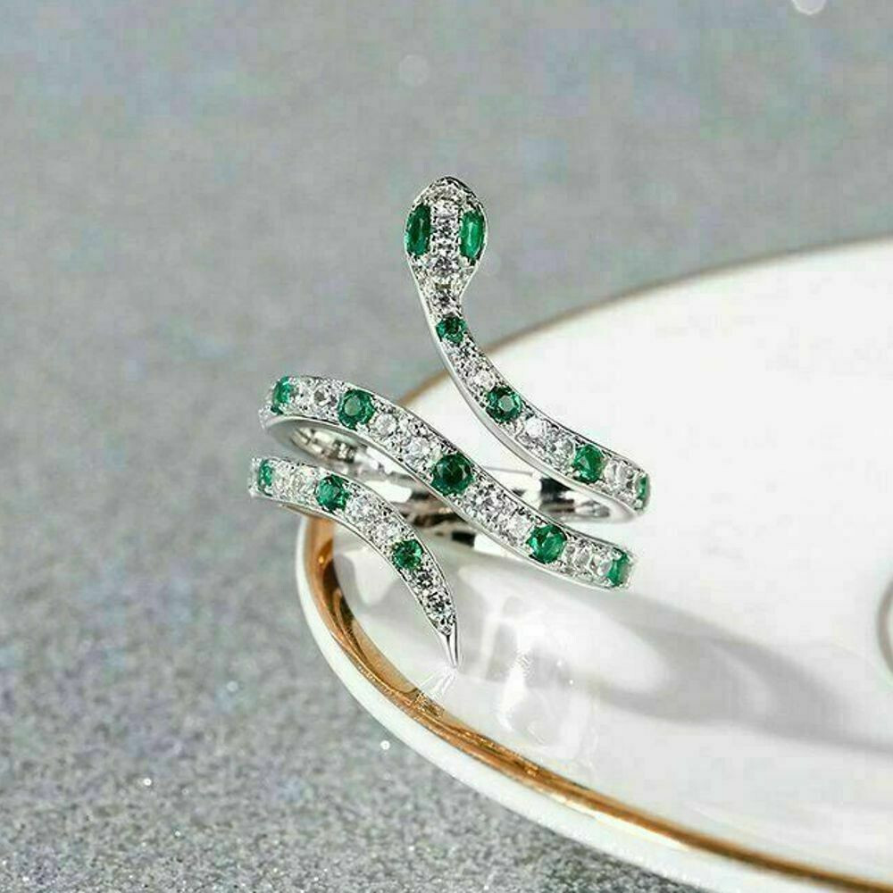 1Ct Round Cut Simulated Green Emerald Diamond Snake Ring 14K