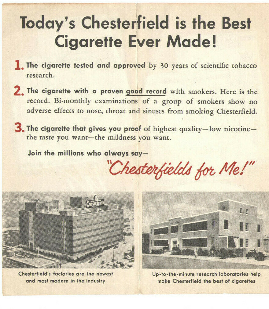 where are chesterfield cigarettes made VINTAGE 1950s CHESTERFIELD CIGARETTES BROCHURE! WHY CHESTERFIELD IS BEST  FOR YOU