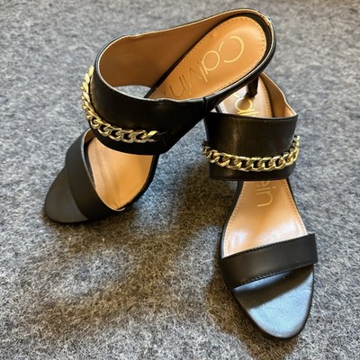 Calvin Klein Lorinda Gold Chain Heels Party Event Going Out Black Leather Sz 7.5
