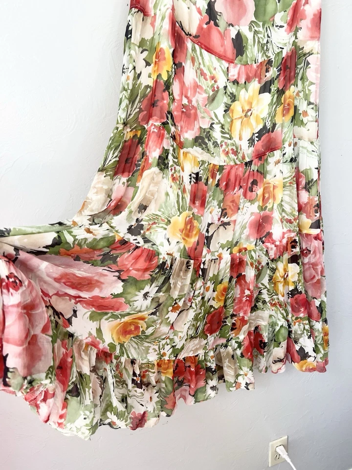 Jones New York 女式丝绸雪纺中裙分层粉色花卉 14 码大号 — 第 3/4 张图片