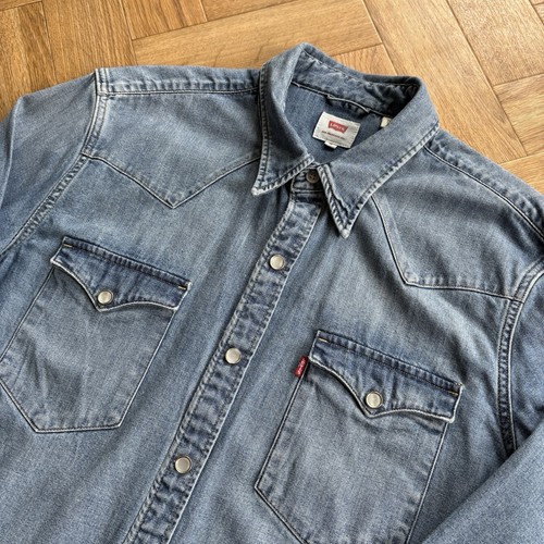 Levi's Western Denim Shirt Blue Mens Size Medium Pearl Snap Button Long Sleeve