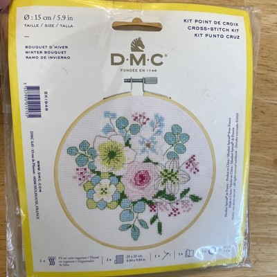 NEW DMC Counted Cross Stitch Kit Winter Flower Bouquet Includes Wood Hoop Frame