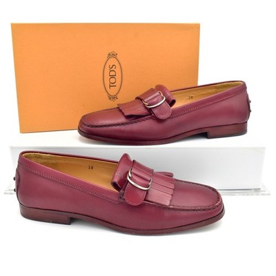 Tod's Kiltie Fringe Leather Loafers in Dark Red sz 38