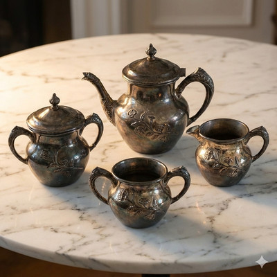 Gorgeous Antique Columbian Quadruple Silver Plated Coffee Tea Set of 4 Pattern