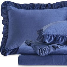 Velvet Plush Flannel Queen Sheet Set 4 Piece 16 Inch Deep Pocket Ruffled Navy