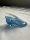 Vintage Fenton Daisy & Button Blue Glass Slipper Shoe Figurine 5” BROWN & BRO
