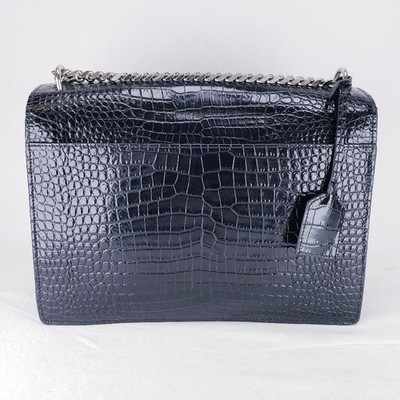 YSL Saint Laurent Sunset Medium Black Crocodile Embossed Leather