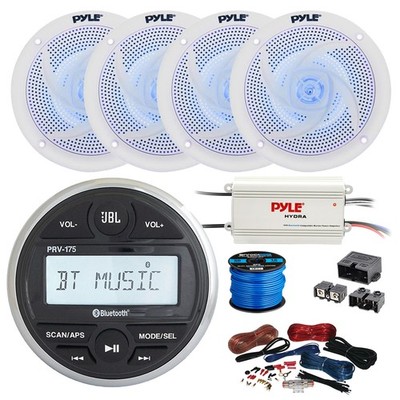 JBL Marine Gauge Stereo Receiver, BT Amp w/ Kit, 4X 6.5'' 240W LED Speakers, Wire