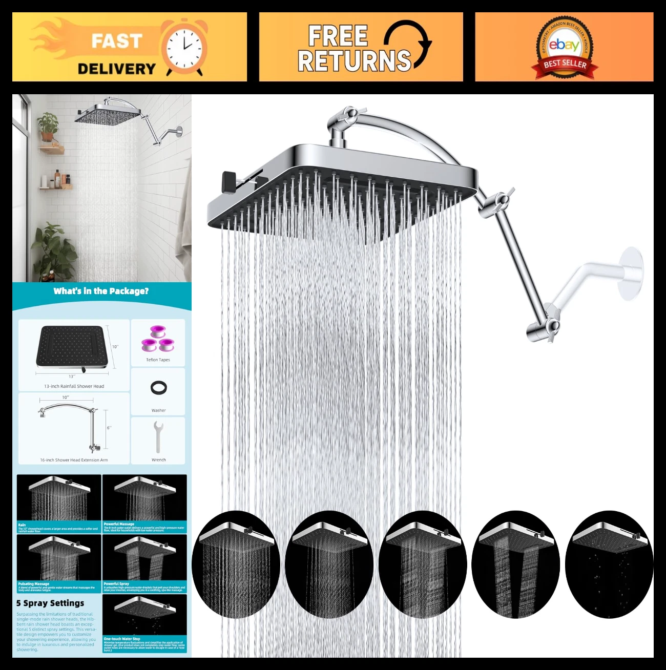 13" High Pressure Rainfall Shower Head - 5 Spray Modes, Adjustable Extension Arm