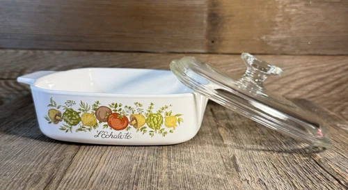 Vintage CorningWare Spice of Life "L'Echalote" 1 Qt dish with Orig Pyrex lid