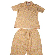 Vintage 70s Floral Matching Set 2 Pc Button Up Wide Leg Pants Orange Peach XS