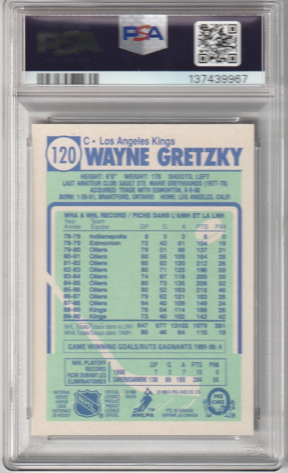 1990 OPC O-PEE-CHEE HOCKEY Wayne Gretzky CARD #120 GRADED PSA 10 GEM MINT view 2
