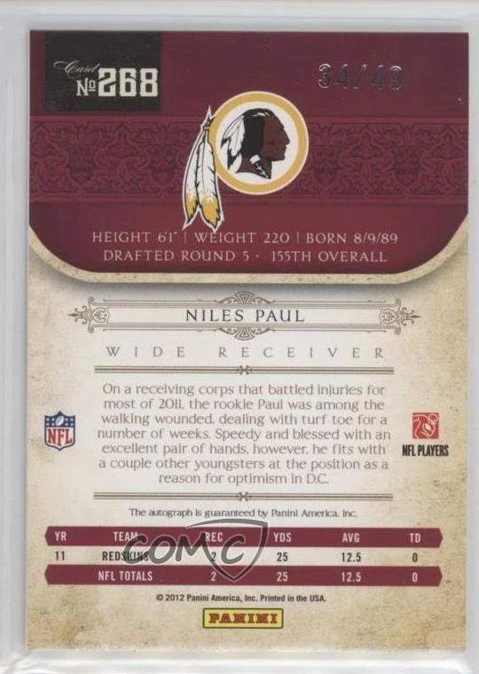 2011 Playoff National Treasures /49 Niles Paul #268 Rookie Auto RC - Image 2 of 2