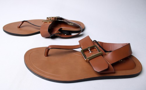 Zara Women's Buckled T-Strap Faux Leather Flat Sandals LB3 Brown US:7.5 EU:38